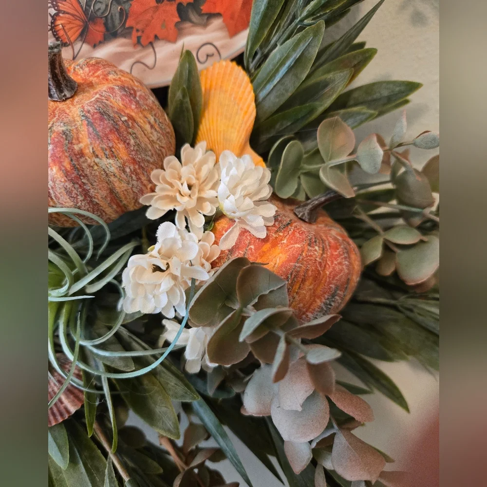 Autumn Coastal Welcome Wreath with Pumpkins, Shells, and Greenery